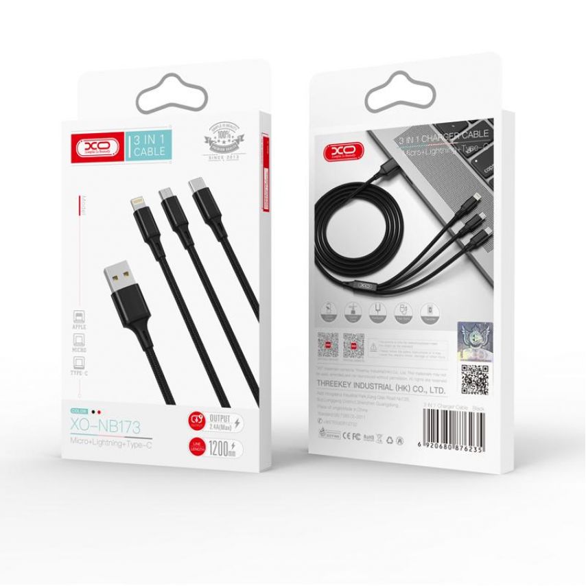 USB cable 3in1 XO NB173 Type-C/Micro/Lightning 2.4A 1.2m black