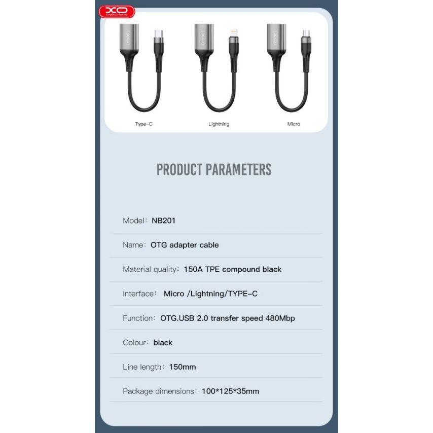 Adapter OTG XO NB201 Lightning - USB2.0 grau