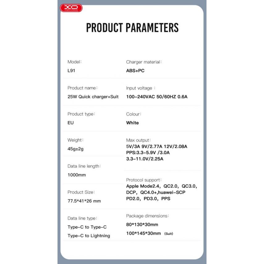 Network Charger (Adapter) 2in1 XO L91 PD_25W + Type-C to Lightning white