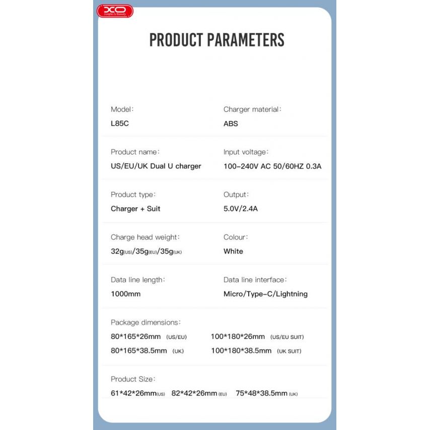 Network Charger (Adapter) 2in1 XO L85C 2USB / 2.4A + Type-C white