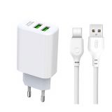 Network Charger (Adapter) 2in1 XO L85C 2USB / 2.4A + Type-C white