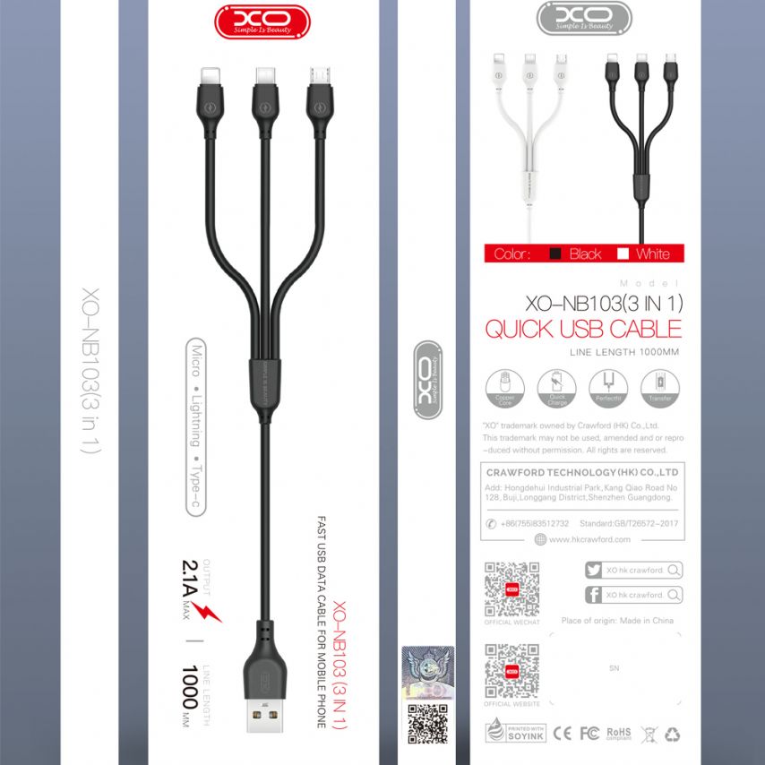 Cable USB 3in1 XO NB103 Micro/Type-C/Lightning Quick Charge 2.1A black