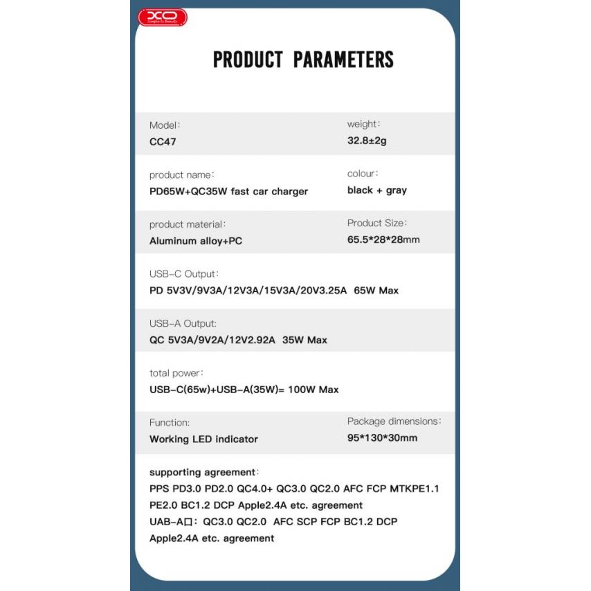Car Charger (Adapter) XO CC47 PD_65W / QC3.0_35W / 100W black