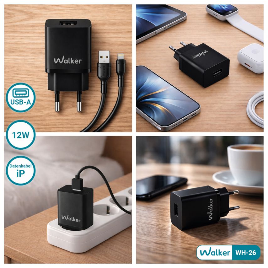 Netzladegerät (Adapter) 2in1 WALKER WH-26 1USB / 2.4A + Datenkabel USB - Lightning schwarz