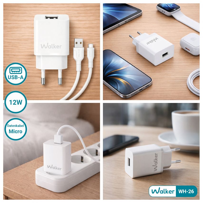 Netzladegerät (Adapter) 2in1 WALKER WH-26 1USB / 2.4A + Datenkabel USB - Micro weiß
