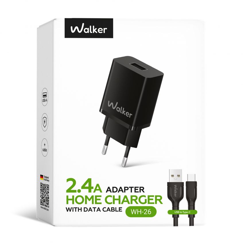 Netzladegerät (Adapter) 2in1 WALKER WH-26 1USB / 2.4A + Datenkabel USB - Type-C schwarz