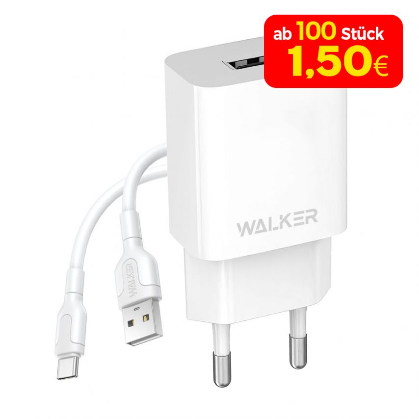 Netzladegerät (Adapter) 2in1 WALKER WH-26 1USB / 2.4A + Datenkabel USB - Type-C weiß