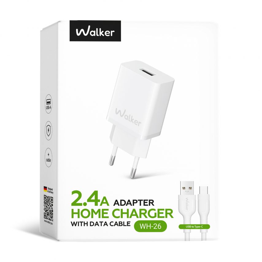 Netzladegerät (Adapter) 2in1 WALKER WH-26 1USB / 2.4A + Datenkabel USB - Type-C weiß