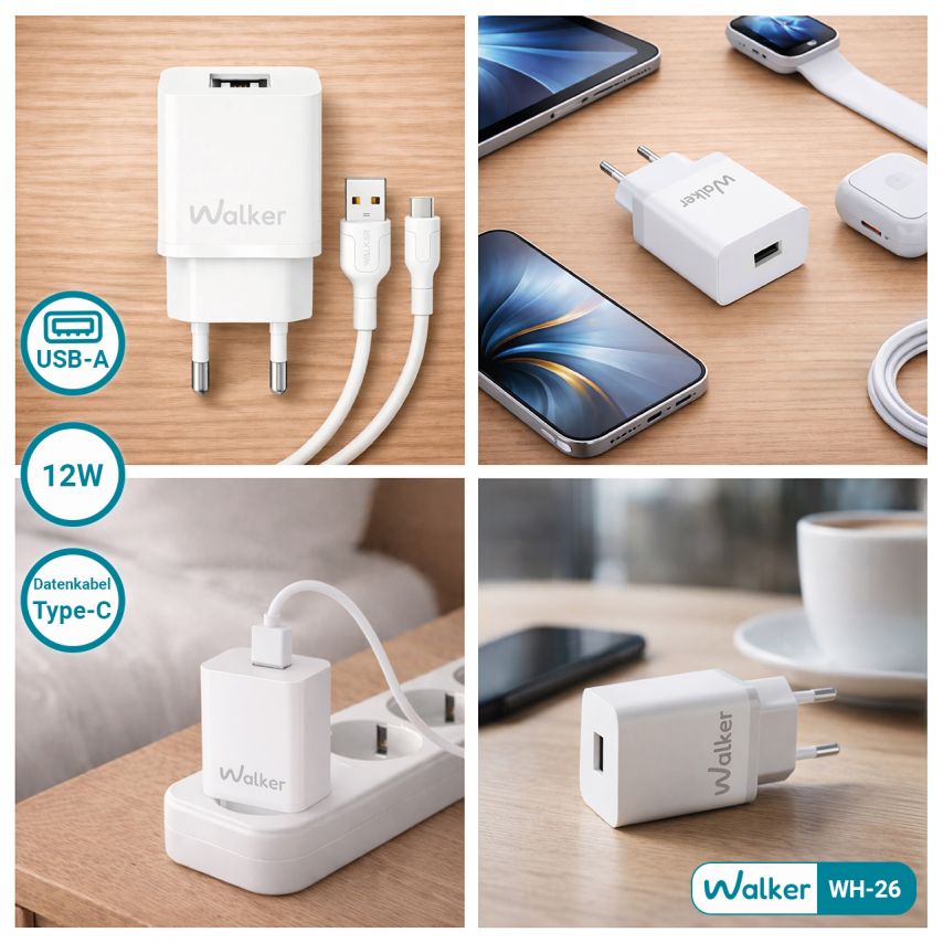 Netzladegerät (Adapter) 2in1 WALKER WH-26 1USB / 2.4A + Datenkabel USB - Type-C weiß