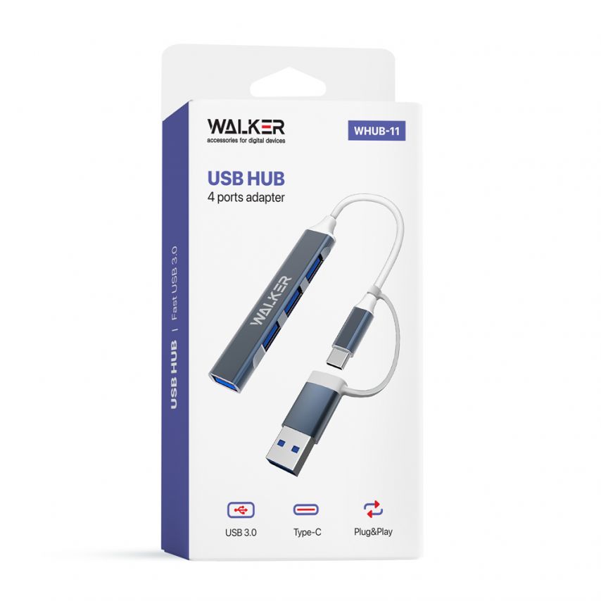 Adapter USB-HUB 4in1 WALKER WHUB-11 grey