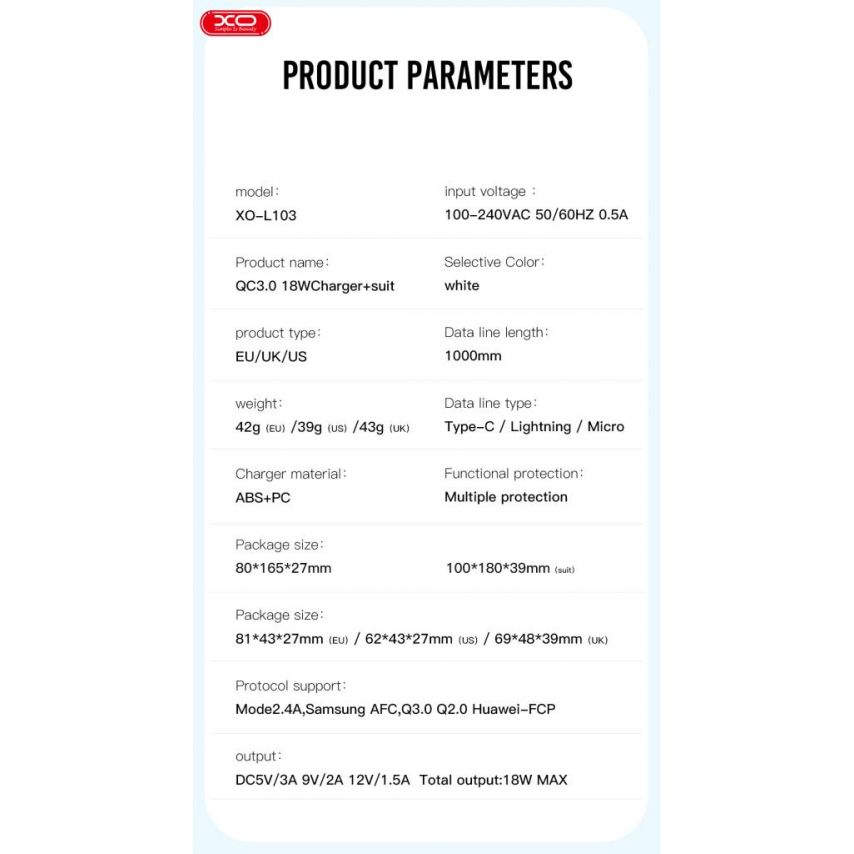 Network Charger (Adapter) 2in1 XO L103 QC3.0 / 18W + Type-C white