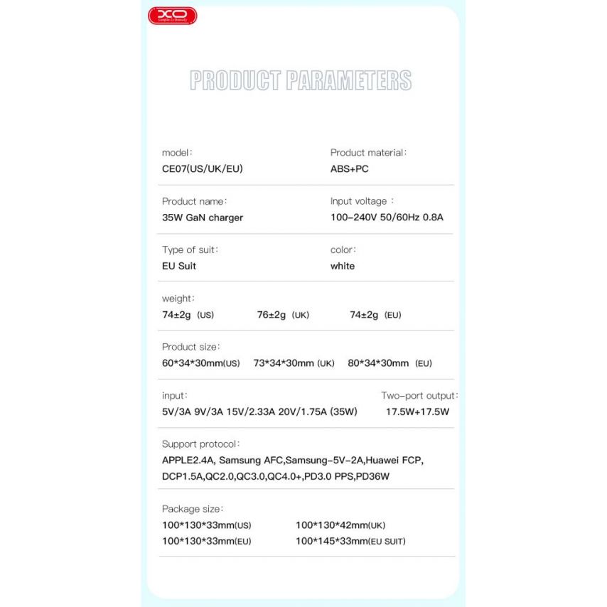 Network Charger (Adapter) XO CE07 2xPD / 35W / GaN-Technology white