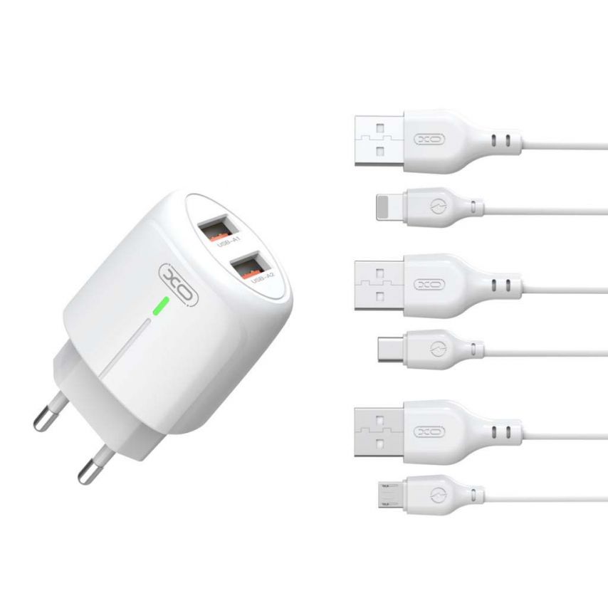 Netzladegerät (Adapter) 2in1 XO L111 2USB / 2.4A + Type-C weiß