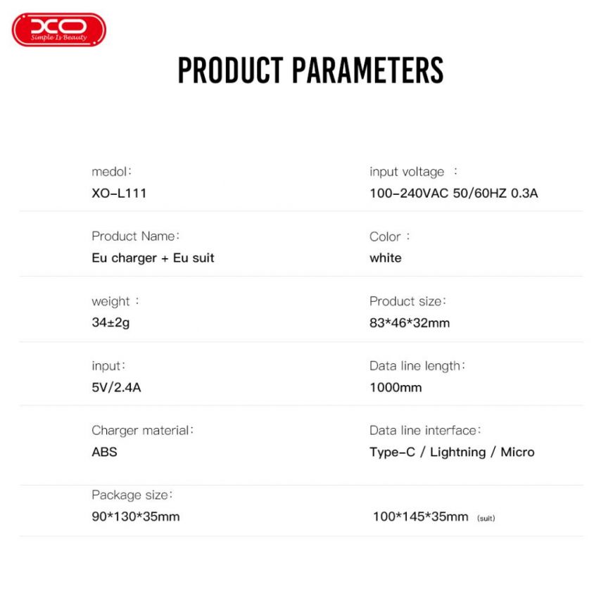 Netzladegerät (Adapter) 2in1 XO L111 2USB / 2.4A + Type-C weiß