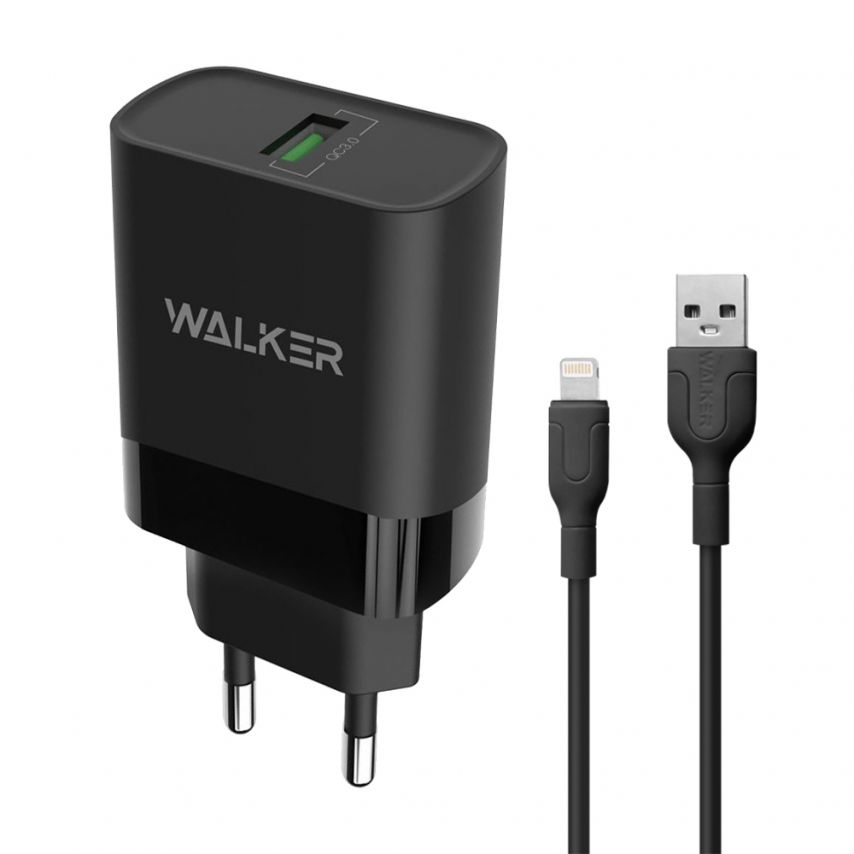 Network Charger (Adapter) 2in1 WALKER WH-35 1USB / QC3.0 / 3A / 15W + Data Cable USB to Lightning black