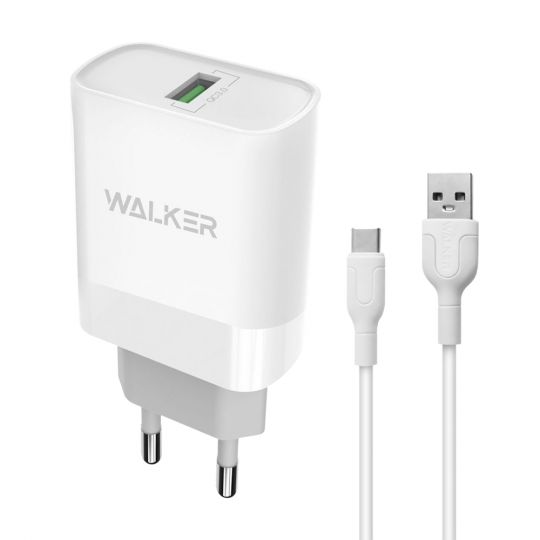 Netzladegerät (Adapter) 2in1 WALKER WH-35 1USB / QC3.0 / 3A / 15W + Datenkabel USB - Type-C weiß