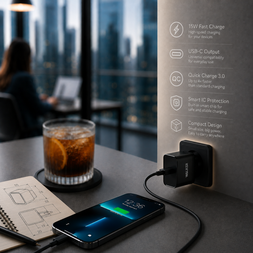 Netzladegerät (Adapter) 2in1 WALKER WH-35 1USB / QC3.0 / 3A / 15W + Datenkabel USB - Type-C schwarz