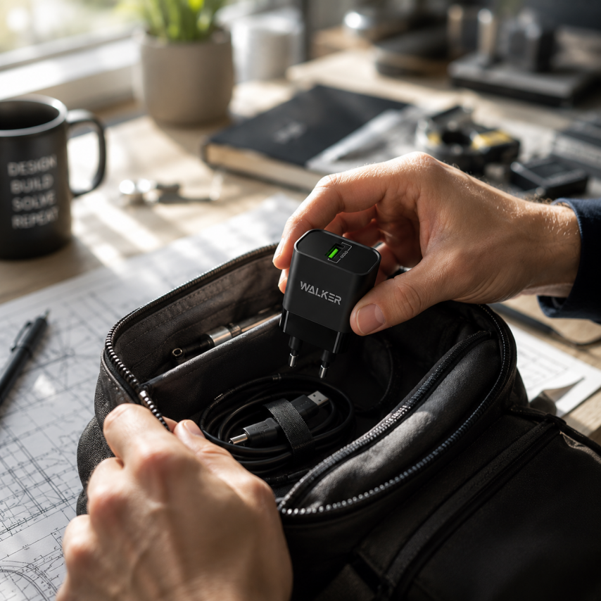 Netzladegerät (Adapter) 2in1 WALKER WH-35 1USB / QC3.0 / 3A / 15W + Datenkabel USB - Type-C schwarz