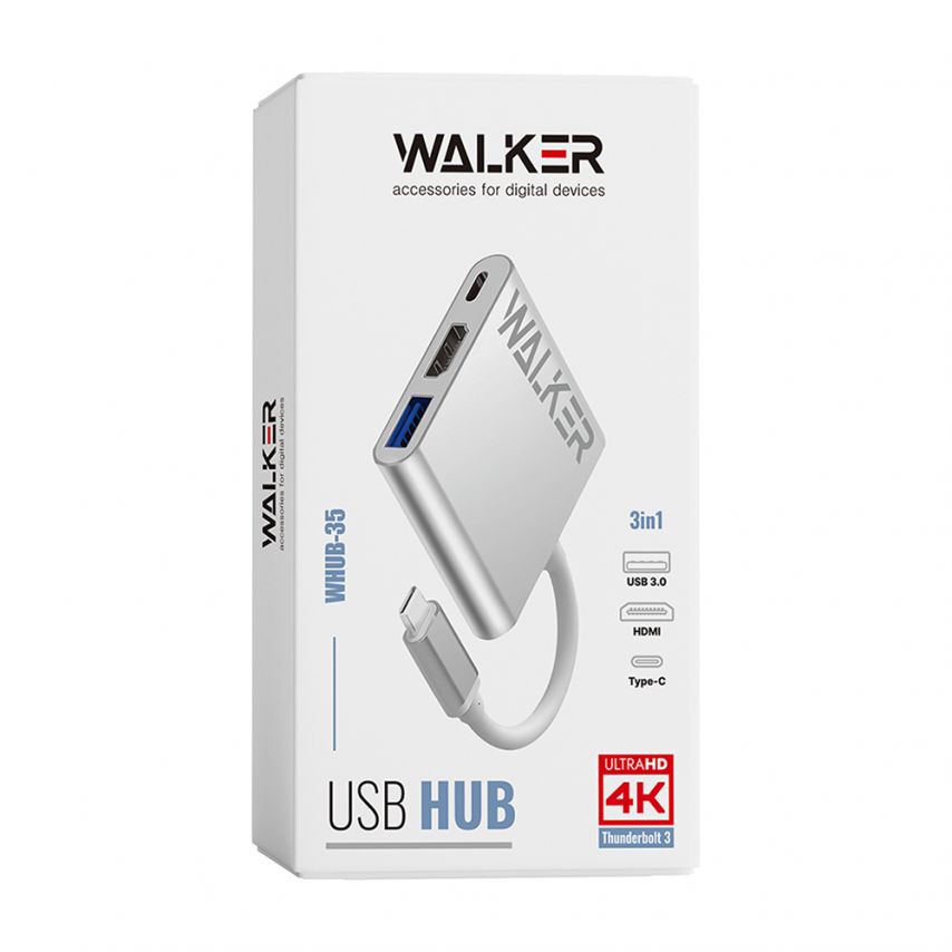 Adapter USB-HUB 3in1 WALKER WHUB-35 mit Type-C-Anschluss silber