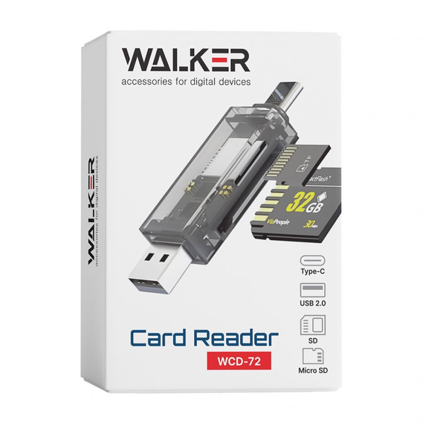 Card reader WALKER WCD-72 for microSD, SD (output USB2.0, Type-C) transparent