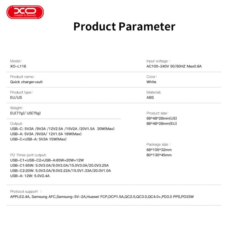 Netzladegerät (Adapter) XO L116 PD_30W / QC_18W weiß