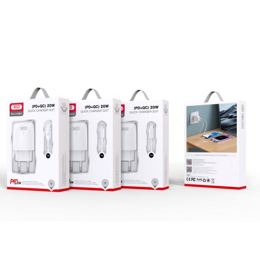 Network Charger (Adapter) 2in1 XO L114 PD_20W / QC_18W + Data Сable Type-C to Type-C white