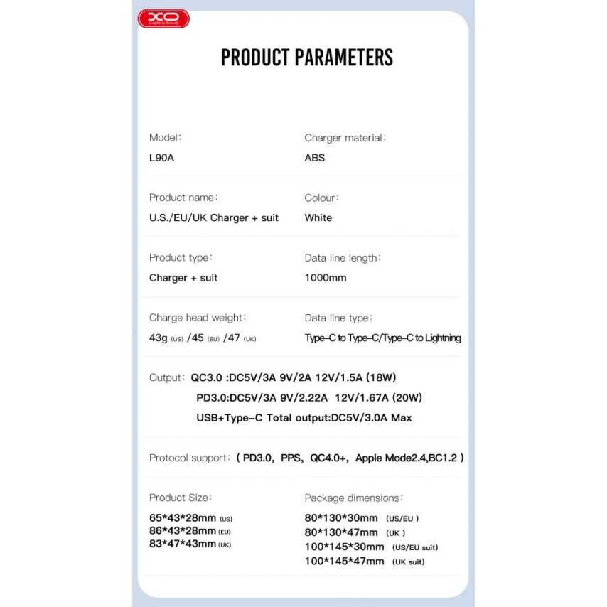 Network Charger (Adapter) 2in1 XO L90A PD_20W / QC3.0 / 18W + Type-C to Type-C white
