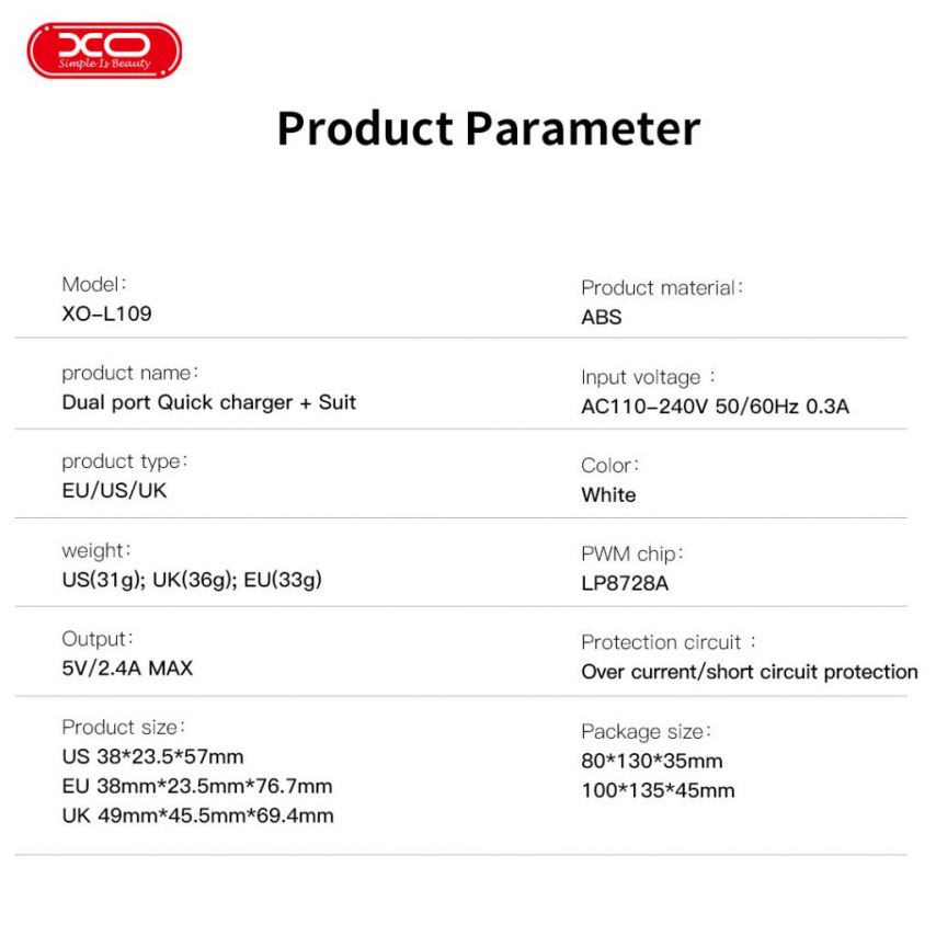 Netzladegerät (Adapter) 2in1 XO L109 2USB / 2.4A + Lightning weiß