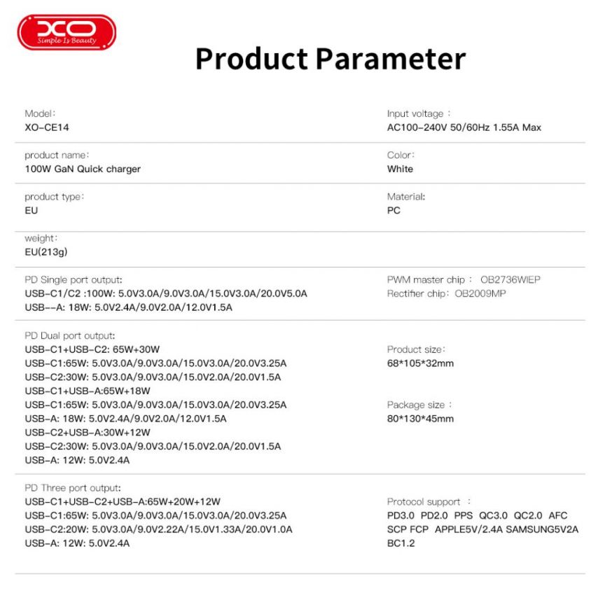 Netzladegerät (Adapter) XO CE14 2xPD_100W / QC_18W GaN weiß