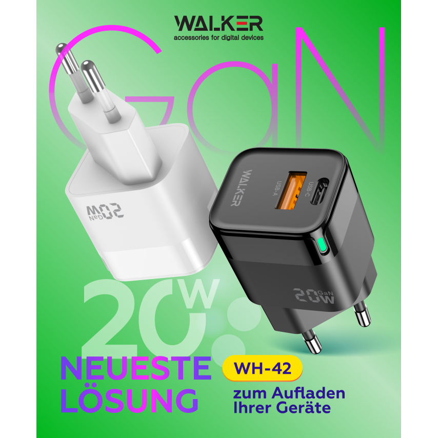 Netzladegerät (Adapter) WALKER WH-42 20W GaN PD_20W / QC3.0_18W schwarz