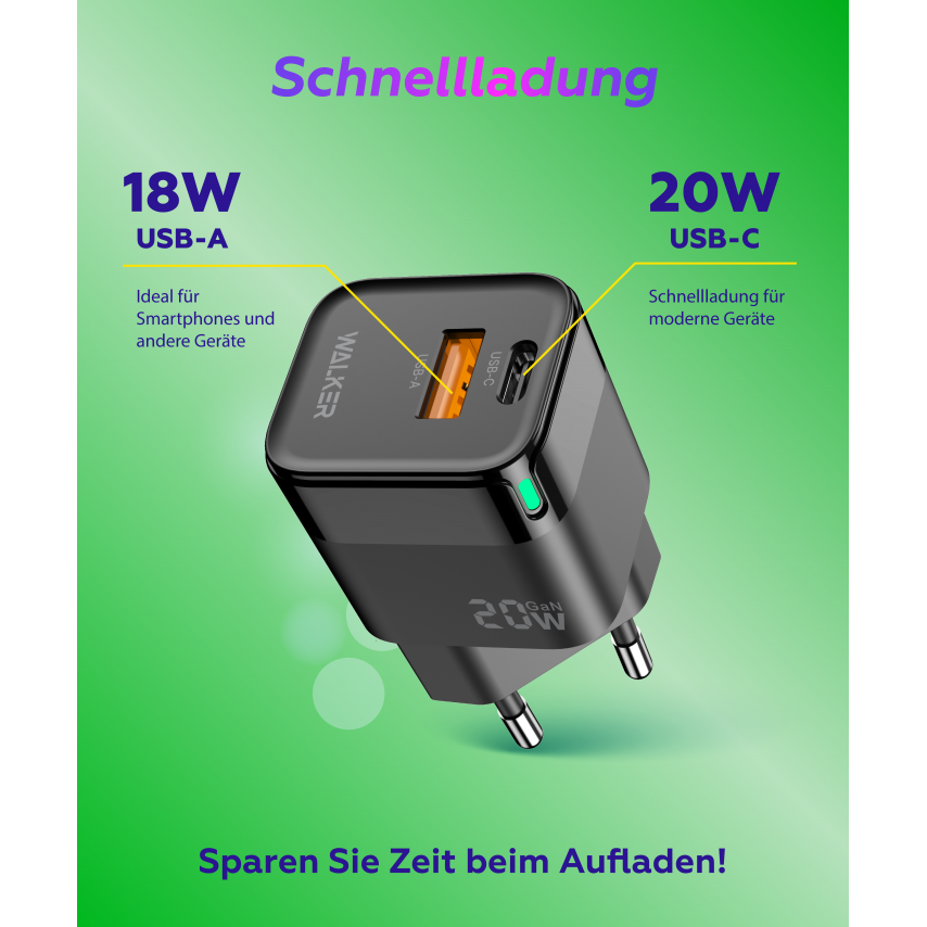 Netzladegerät (Adapter) WALKER WH-42 20W GaN PD_20W / QC3.0_18W schwarz
