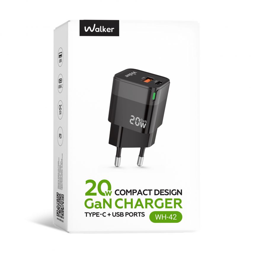 Netzladegerät (Adapter) WALKER WH-42 20W GaN PD_20W / QC3.0_18W schwarz