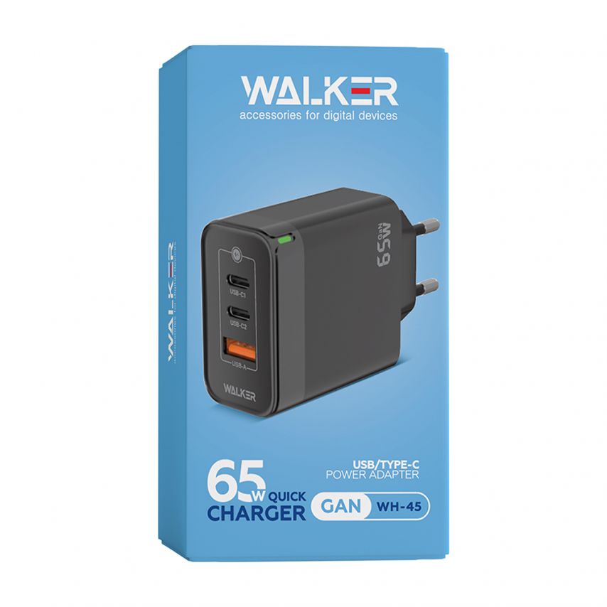 Netzladegerät (Adapter) WALKER WH-45 65W GaN PD1_65W / PD2_30W / QC3.0_18W schwarz