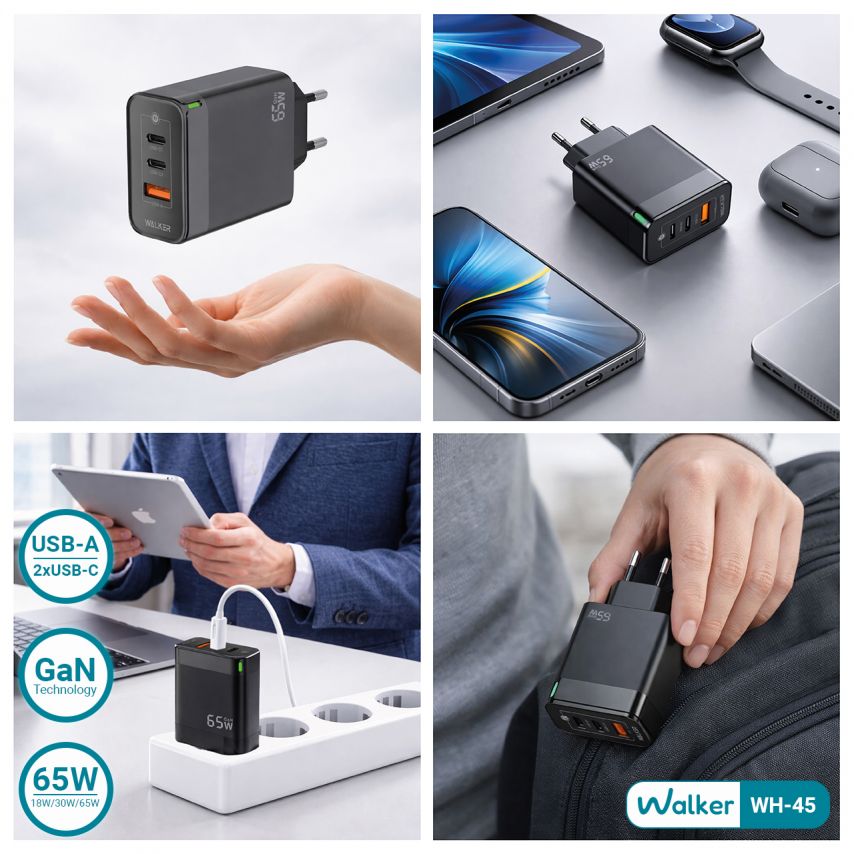Netzladegerät (Adapter) WALKER WH-45 65W GaN PD1_65W / PD2_30W / QC3.0_18W schwarz