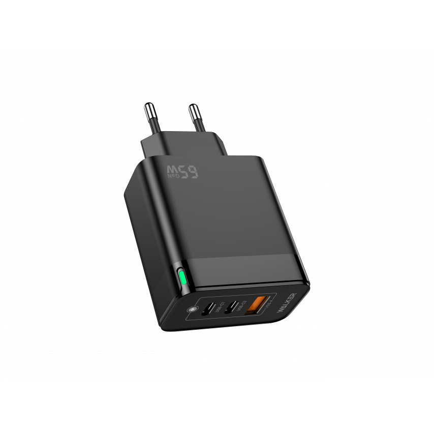 Netzladegerät (Adapter) WALKER WH-45 65W GaN PD1_65W / PD2_30W / QC3.0_18W schwarz