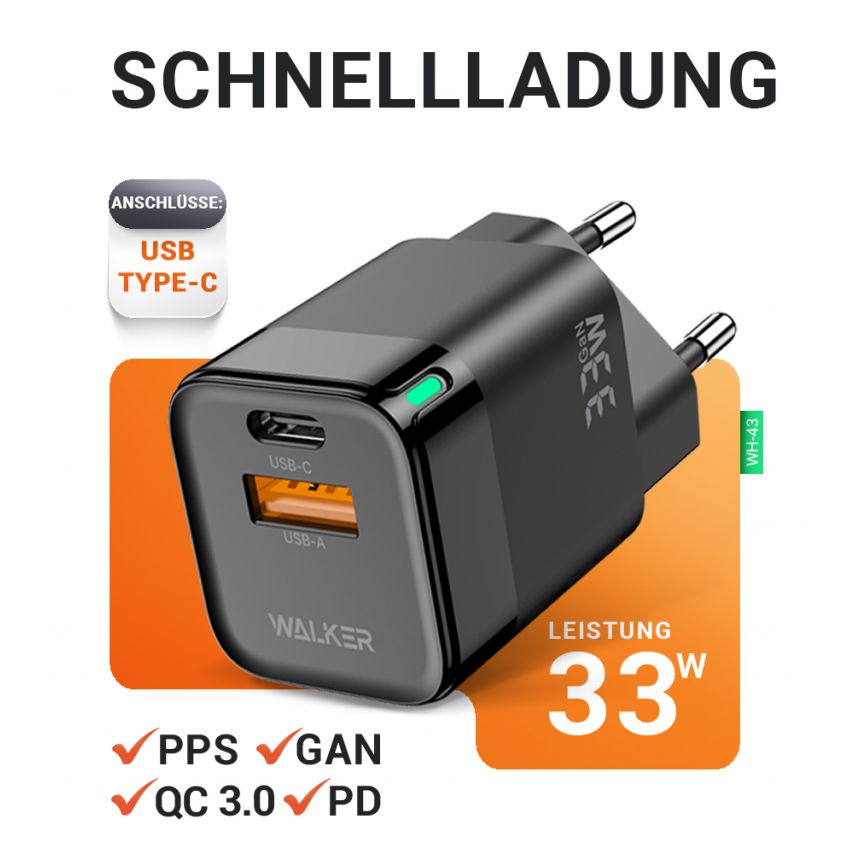 Netzladegerät (Adapter) WALKER WH-43 33W GaN PD_33W / QC3.0_18W schwarz