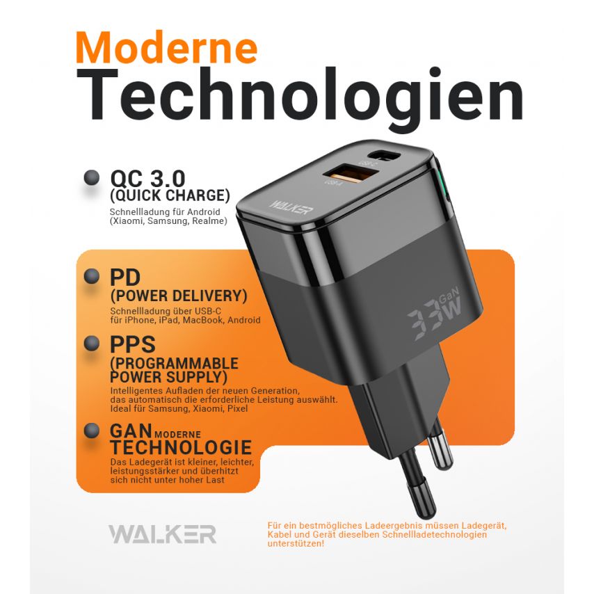 Netzladegerät (Adapter) WALKER WH-43 33W GaN PD_33W / QC3.0_18W schwarz