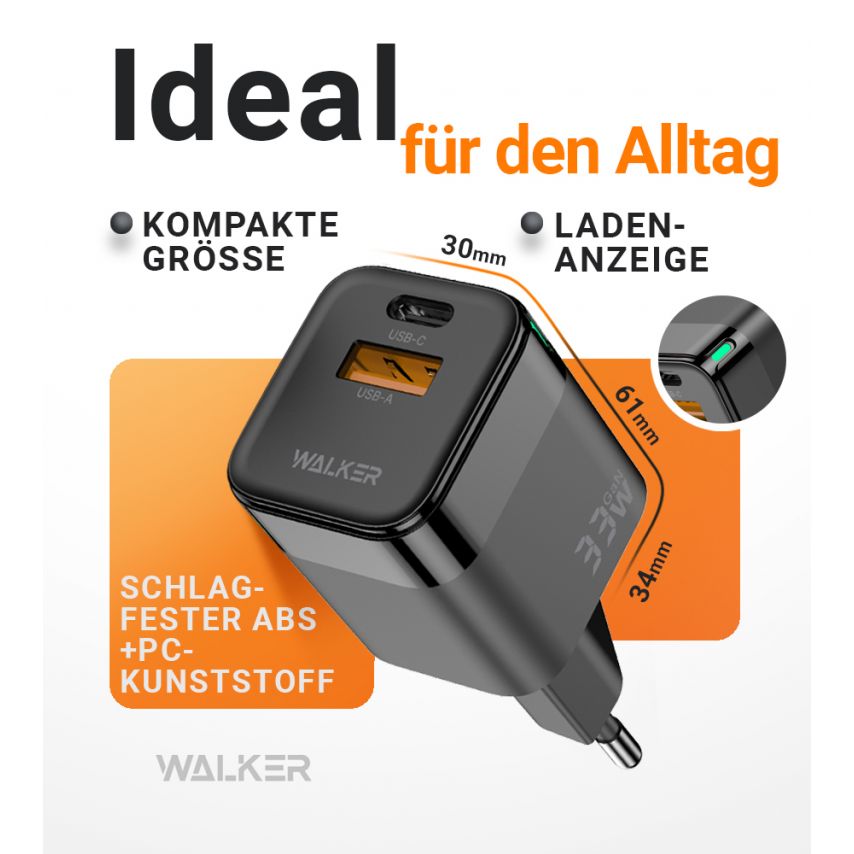 Netzladegerät (Adapter) WALKER WH-43 33W GaN PD_33W / QC3.0_18W schwarz