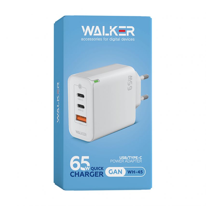 Netzladegerät (Adapter) WALKER WH-45 65W GaN PD1_65W / PD2_30W / QC3.0_18W weiß