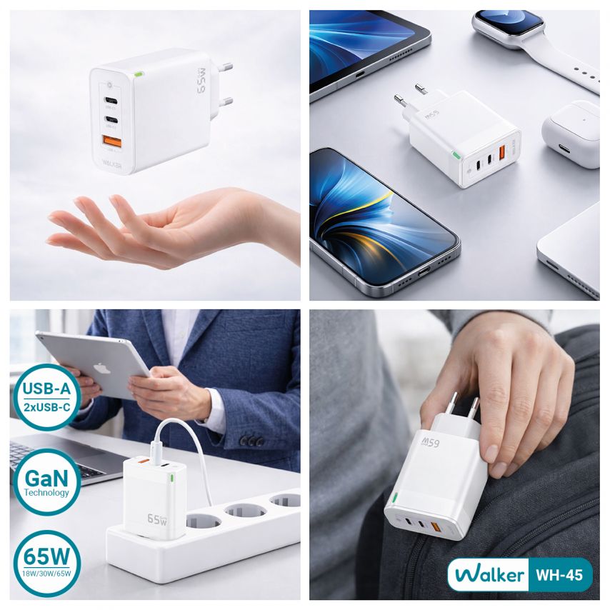 Netzladegerät (Adapter) WALKER WH-45 65W GaN PD1_65W / PD2_30W / QC3.0_18W weiß