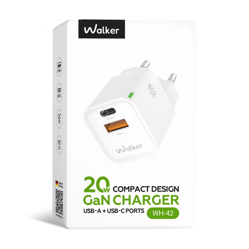 Netzladegerät (Adapter) WALKER WH-42 20W GaN PD_20W / QC3.0_18W weiß