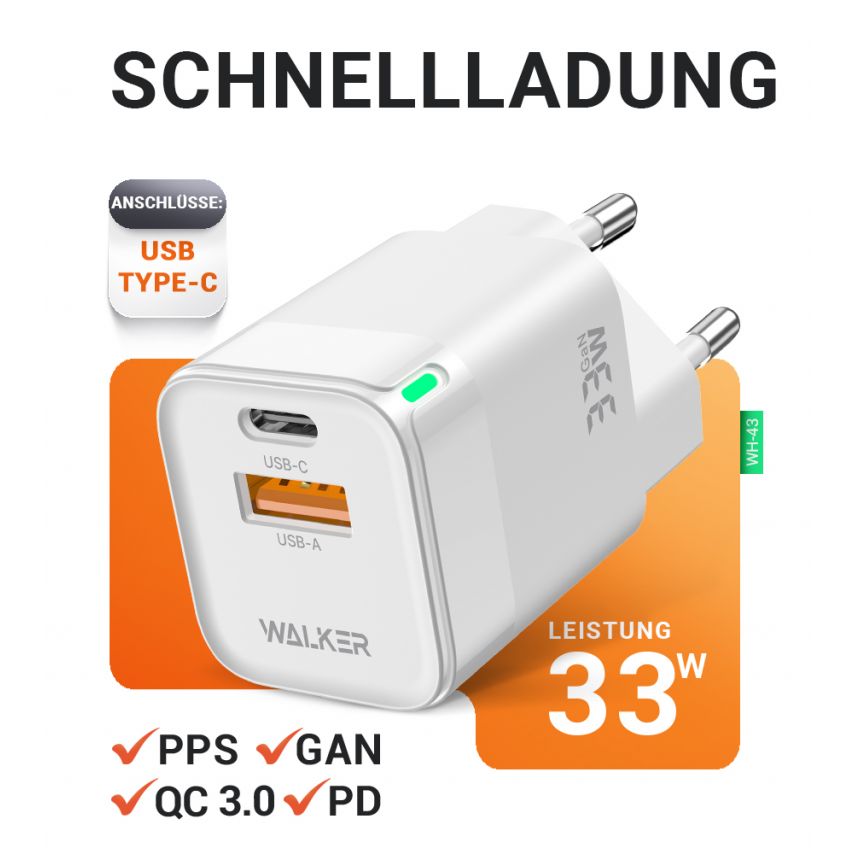 Netzladegerät (Adapter) WALKER WH-43 33W GaN PD_33W / QC3.0_18W weiß