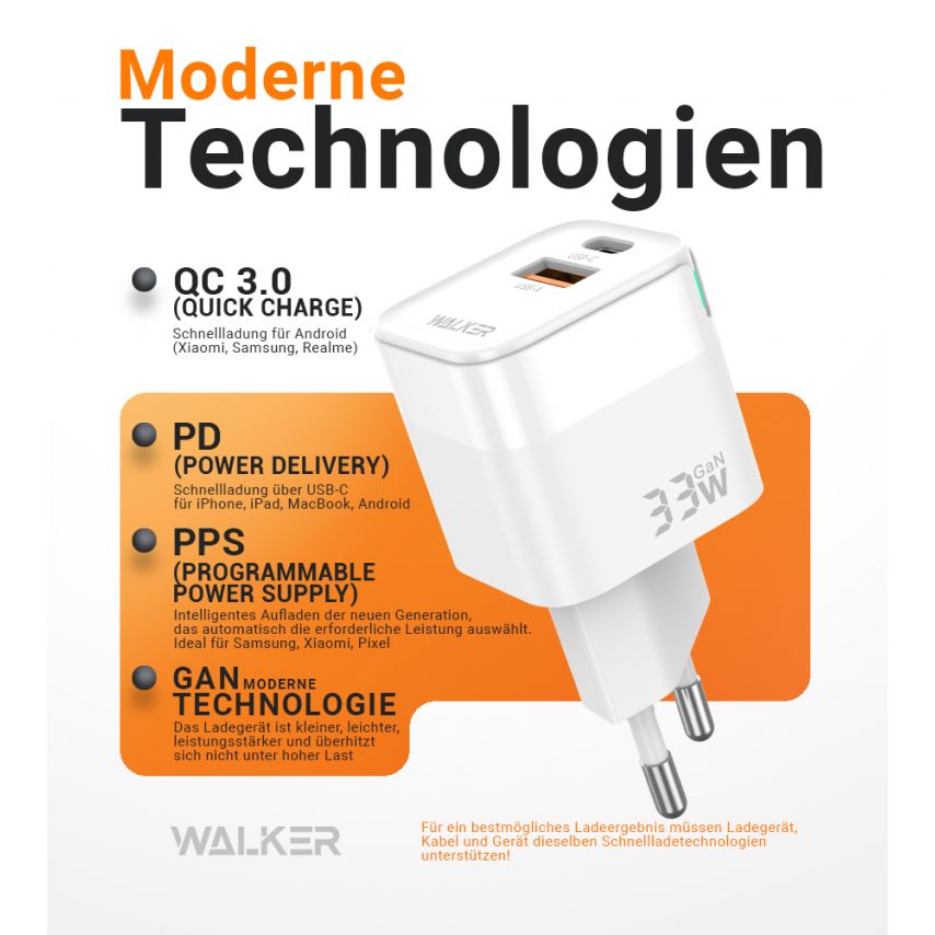 Netzladegerät (Adapter) WALKER WH-43 33W GaN PD_33W / QC3.0_18W weiß