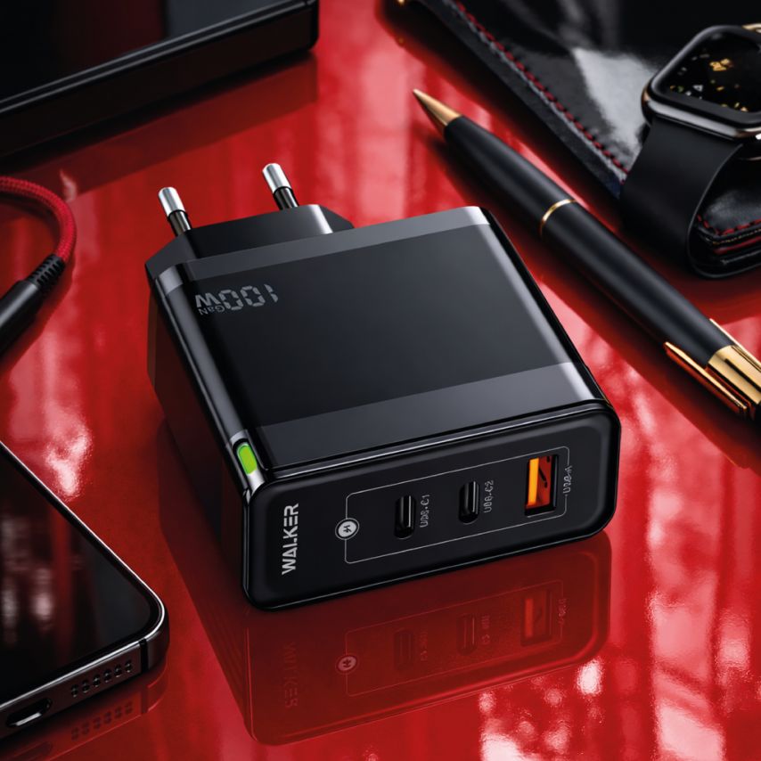 Netzladegerät (Adapter) WALKER WH-47 100W GaN PD1_65W / PD2_35W / QC3.0_18W schwarz