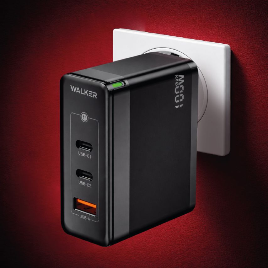 Netzladegerät (Adapter) WALKER WH-47 100W GaN PD1_65W / PD2_35W / QC3.0_18W schwarz