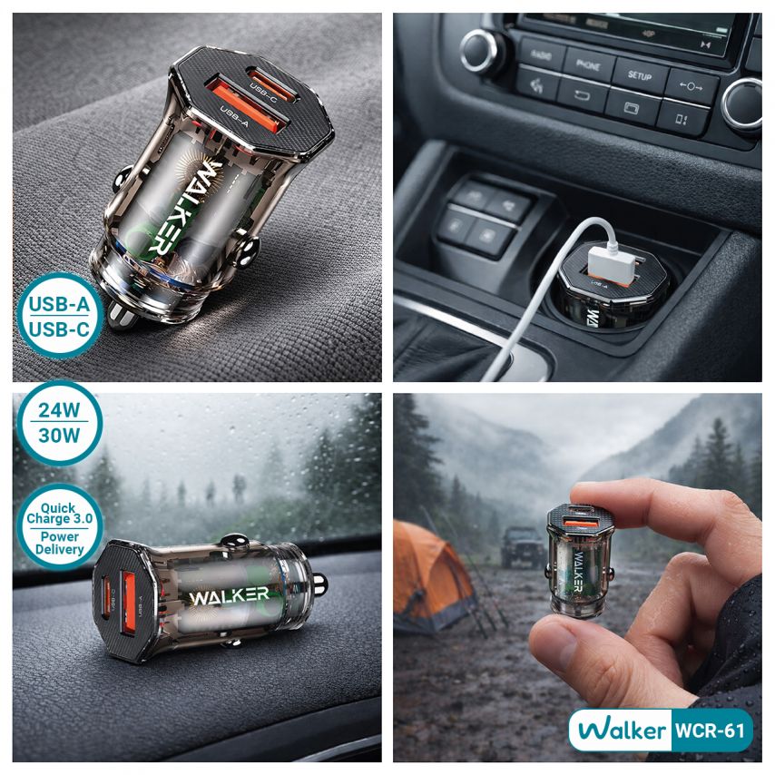 Autoladegerät (Adapter) WALKER WCR-61 PD_30W / QC3.0_24W durchsichtig