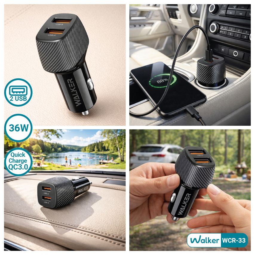 Autoladegerät (Adapter) WALKER WCR-33 QC3.0 2USB / 36W schwarz