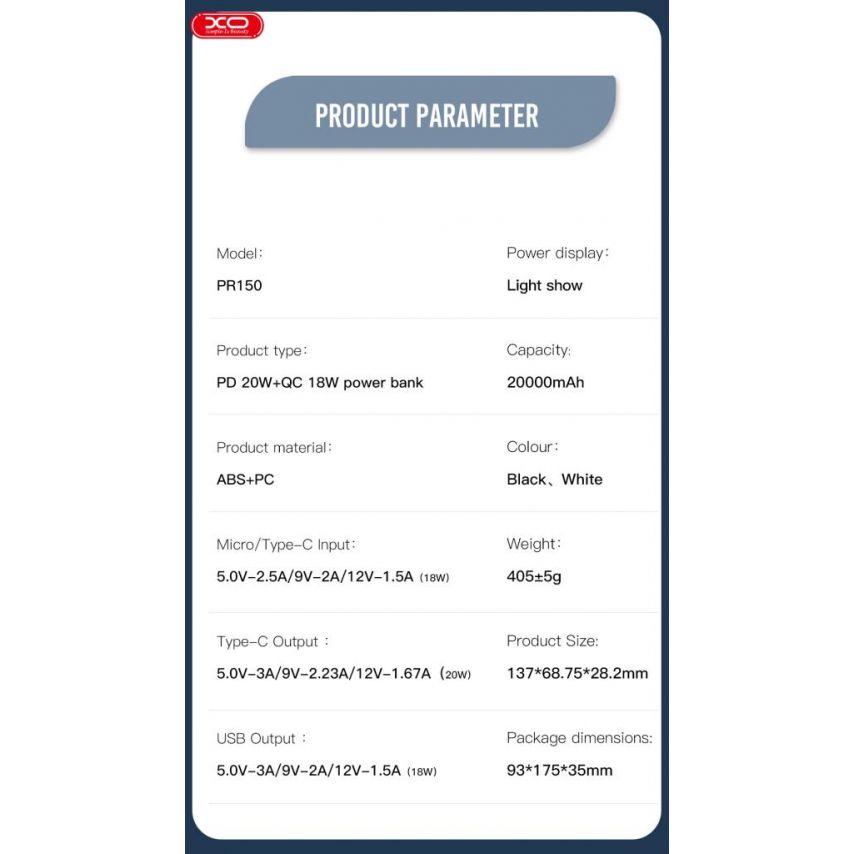 Power Bank XO PR150 20000mAh weiß