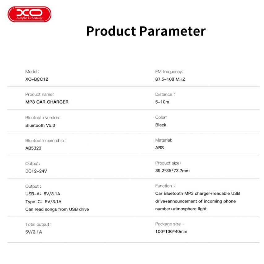 Autoladegerät (Adapter) - FM-Transmitter XO BCC12 PD / USB / 3.1A schwarz