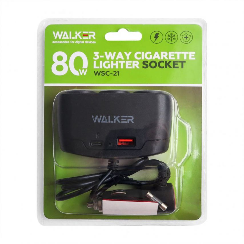 Car Cigarette Lighter Distributor 3in1 WALKER WSC-21 80W / USB_2.1A / Type-C_2.1A black